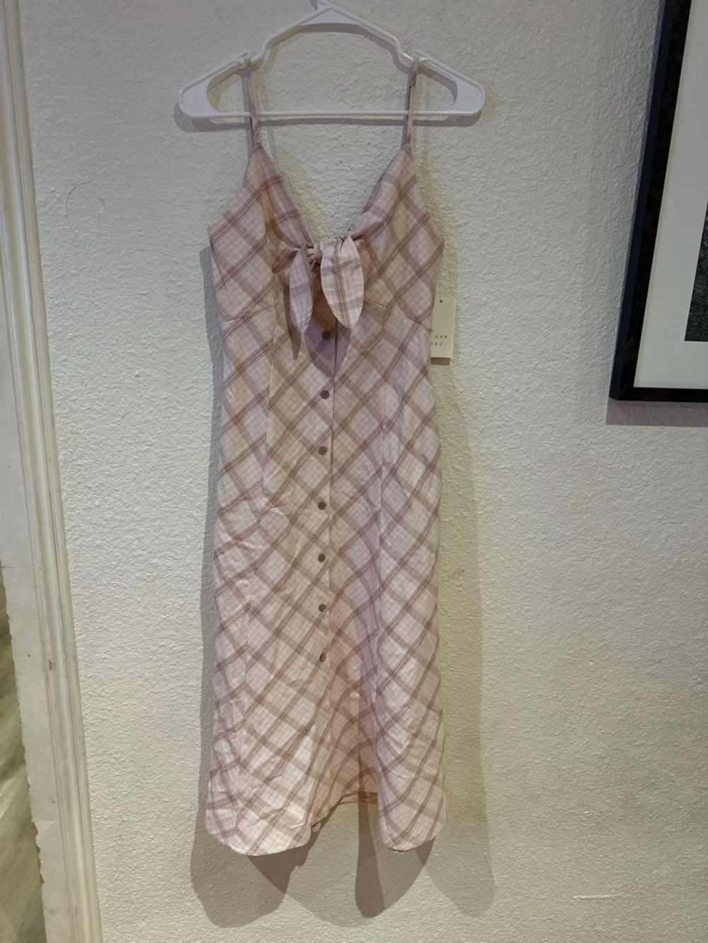 a new day Pink Plaid Tie-Front Button Midi Dress